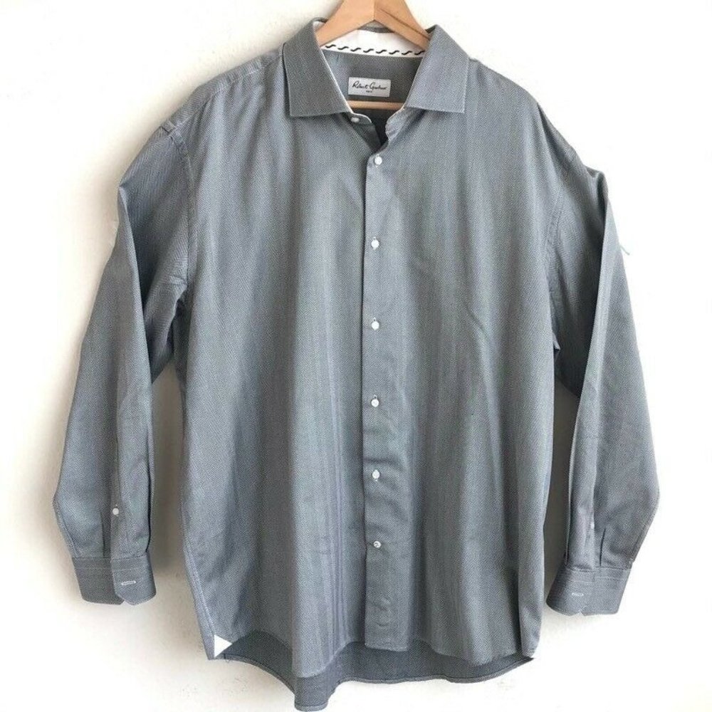Robert Graham Mens Button Up Dress Shirt Size 47 18.5 Gray Herringbone Cotton